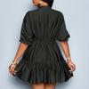 Women’s V Neck Tiered Mini Dress with Three Quarter Sleeve Loose Fit Casual Gathered Skirt Pullover Style