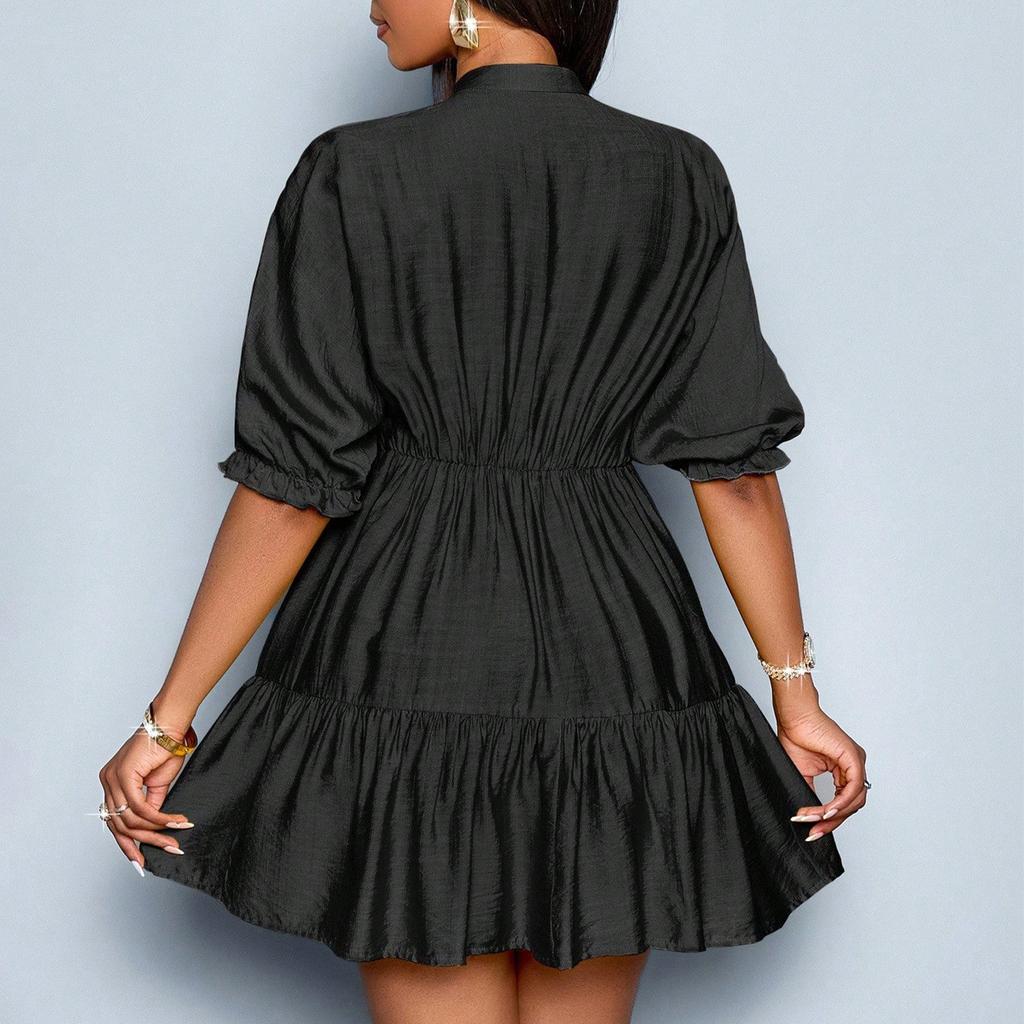 Women’s V Neck Tiered Mini Dress with Three Quarter Sleeve Loose Fit Casual Gathered Skirt Pullover Style