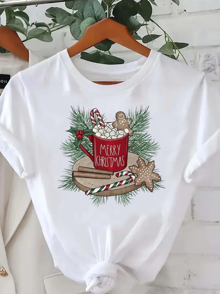 (Asian Size) star tree happy new year Tee merry Christmas festival O-neck Clothing Women's Top T Print Fashion ladies Graphic T-shirts