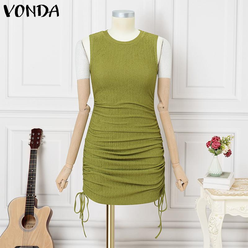 

VONDA Women Sleeveless Texture Side Drawstring Bodycon Pencil Short Dresses XL