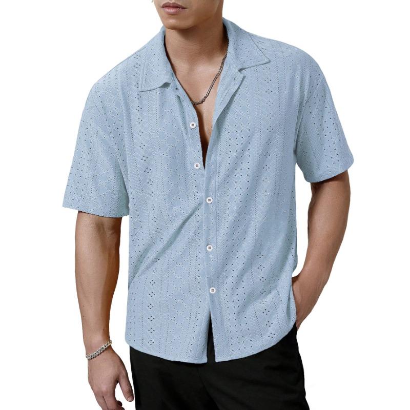 Men's White Eyelet Textured Short Sleeve Shirt, Casual Camp Collar Button Down Summer Top