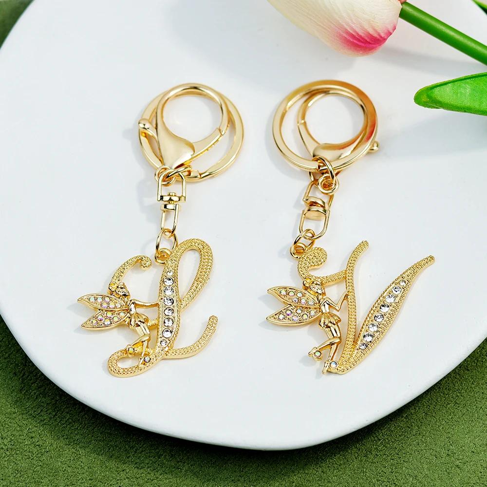 A-Z Rhinestone Elf Girl Letter Keychain Gold Color Initial Name Keyrings Girls Car Key Holder Handbag Purse Charms Decoration