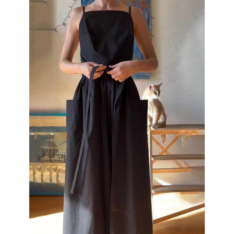 American Foreign Trade Women clothes Cross-Border Summer Sling Square Collar Temperament Waist Hugging Slimming Simple Style Solid Strap Long dress