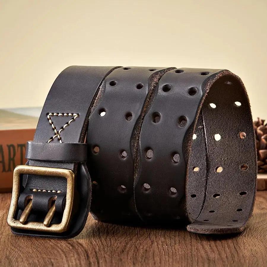 

Thick Original Leather Belt Vintage Men Wide Belt Male Cowhide Real Genuine Leather Double Prong Buckle Strap Cowboy Jeans Belt 105CM