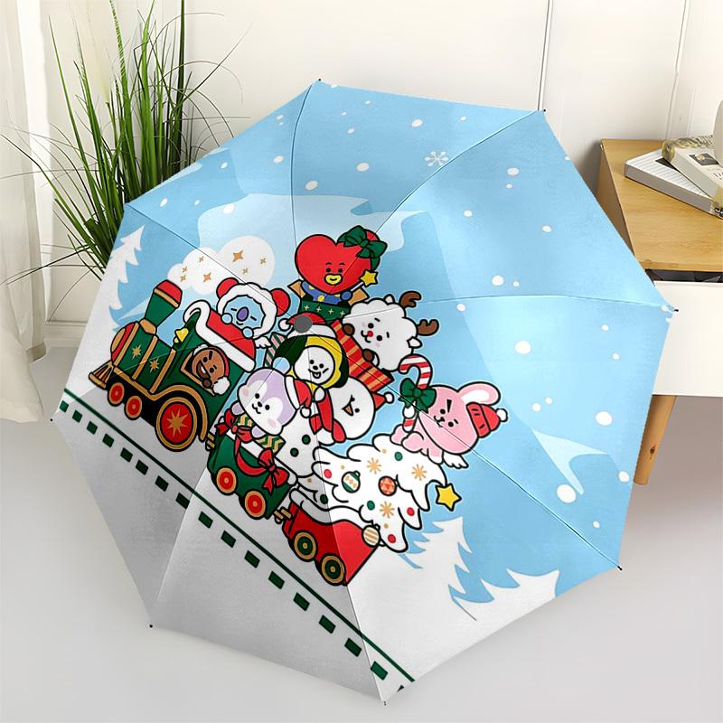 

1pc Christmas Train with Cute Characters Outdoor Umbrella - Automatic Opening/Closing, Portable 3-Fold Design, 8-Rib Iron Frame, Festive Gift for