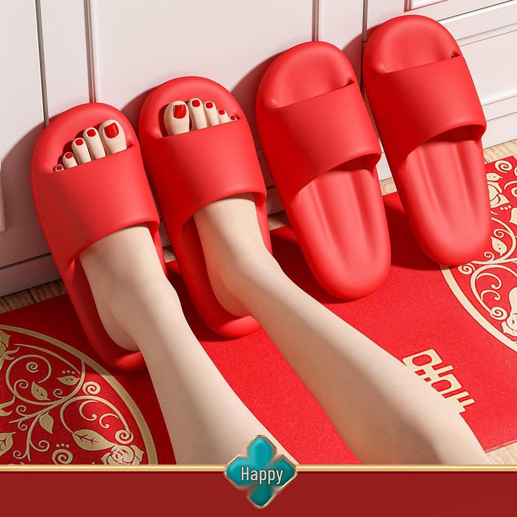 Festive Red Summer Wedding Slippers: Non-Slip Indoor Sandals for Couples