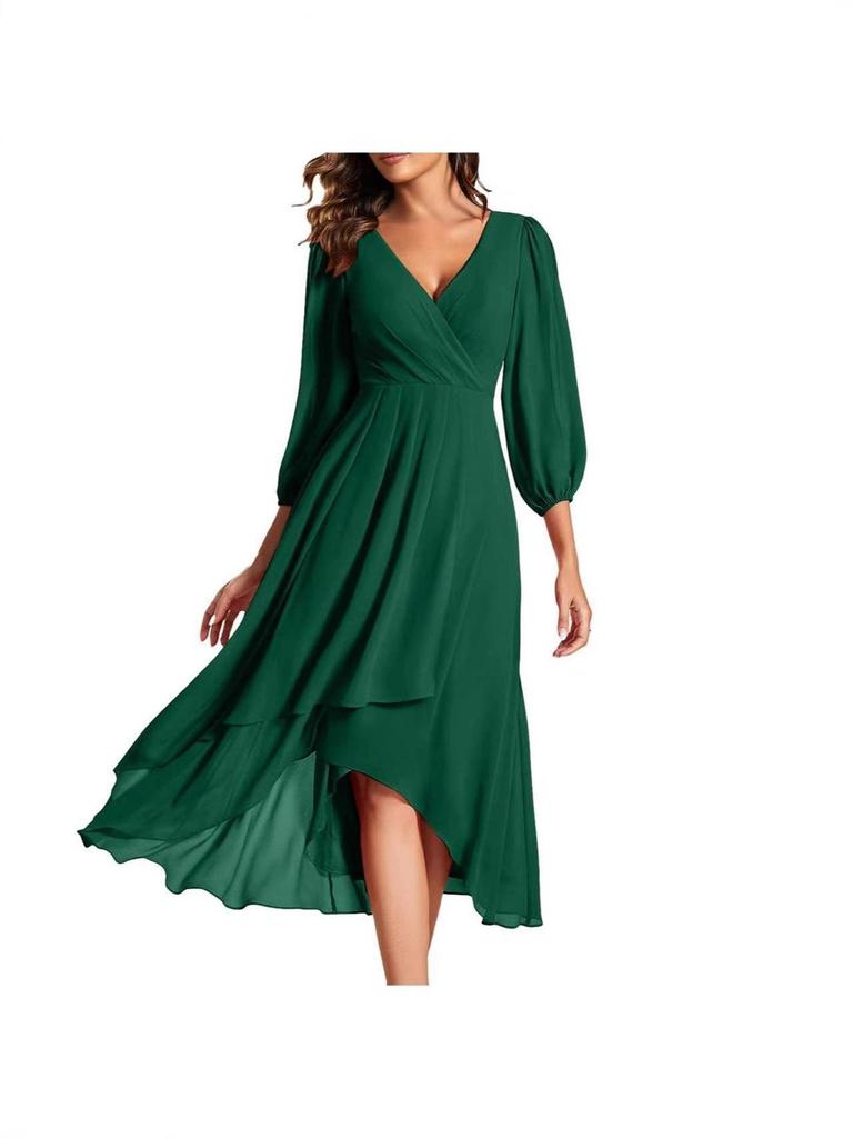 V-neck Solid Color Slim-fit Bridesmaid Evening Dress with Three-quarter Sleeves