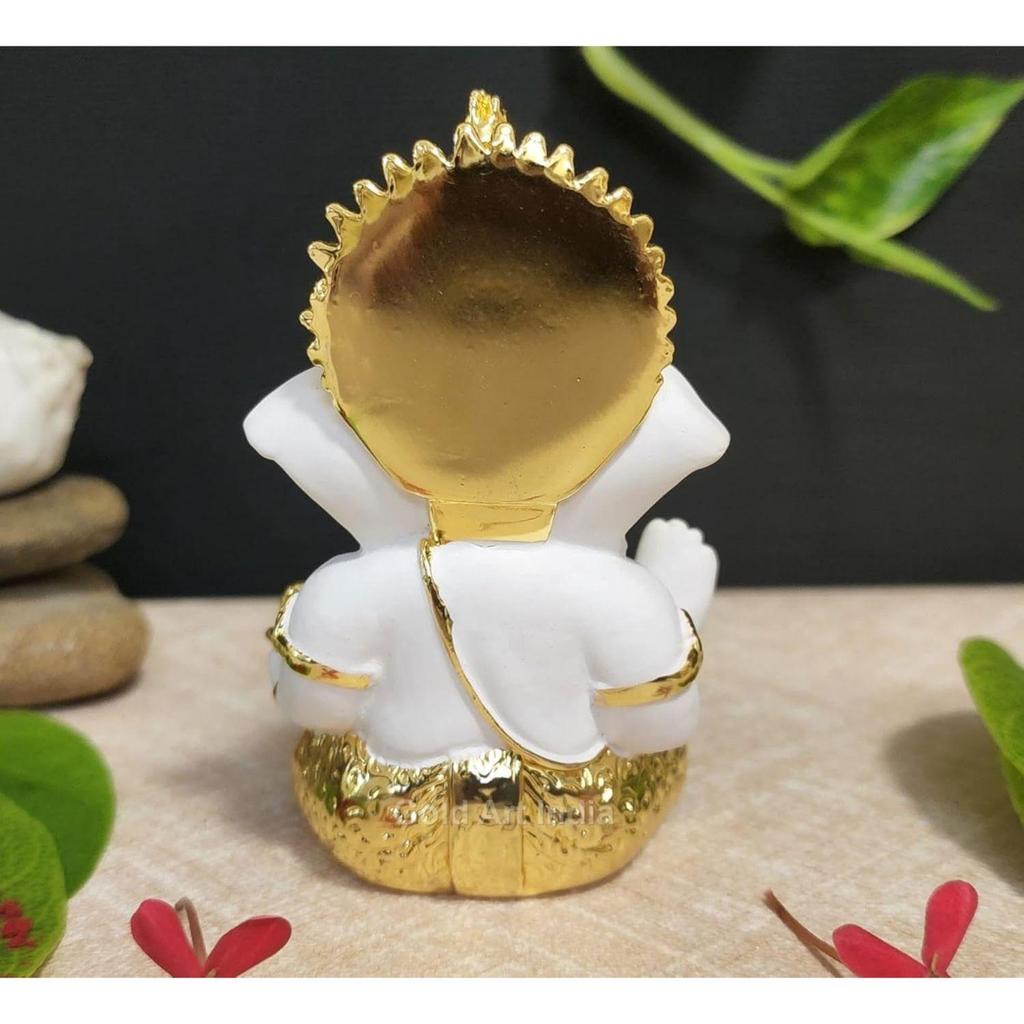 Ganesh Idol for Car Dashboard God Ganesha Idol for Home Decor Ganpati for Gift Home Office Table Shelves Diwali Gifting 3.5 Inches Gold White Mukut