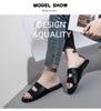 Plus Size Black Leather Flat Women's Sandals - Soft, Comfortable, Single Strap, Fashionable Hollow Outdoor Flip Flops