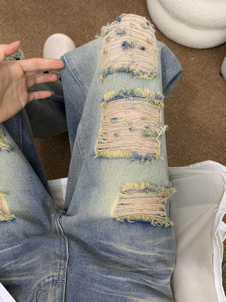 High Waist Retro Ripped Jeans for Women - Loose Slimming Straight Leg, Wide-Leg, Floor-Length Pants