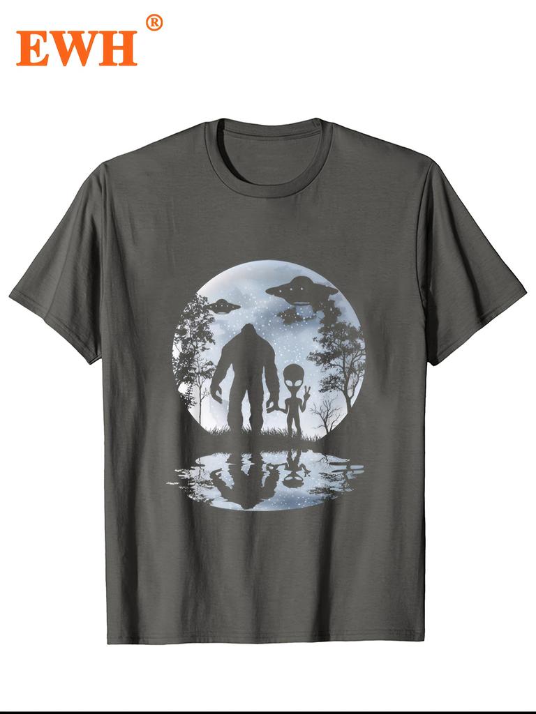 Miękki, wygodny męski T-shirt z nadrukiem Księżyca, Sasquatcha, UFO i Istoty Pozaziemskiej, Stylowy letni T-shirt