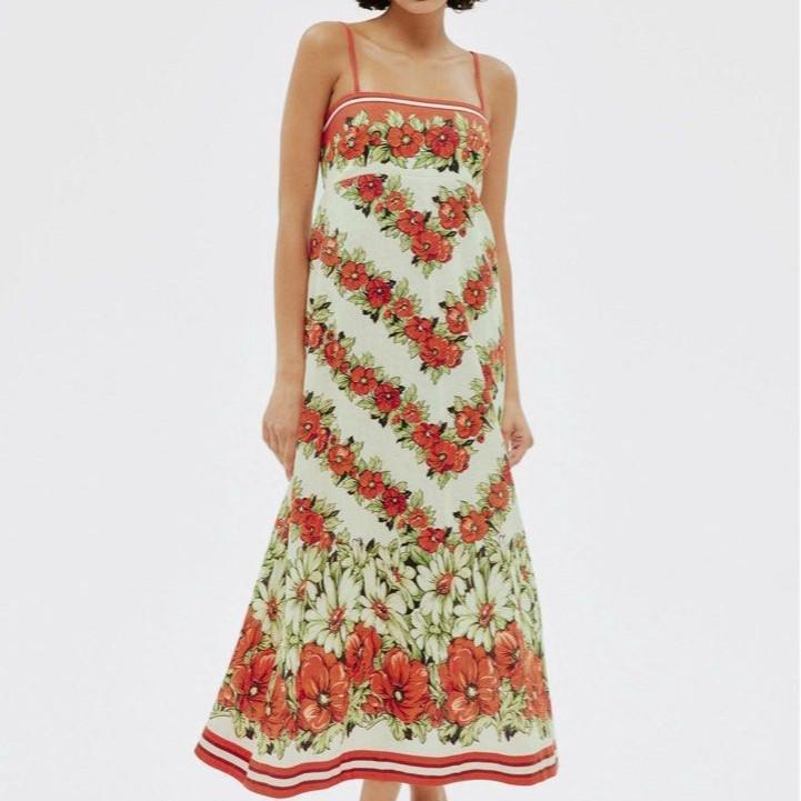 

2026 Elegant Floral Spaghetti Strap High Waist Wide Hem Dress M красный/ярко-розовый