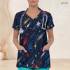 Women Plus Size V Neck Short Sleeve Star Print Navy Blue Scrub Top With Front Pockets