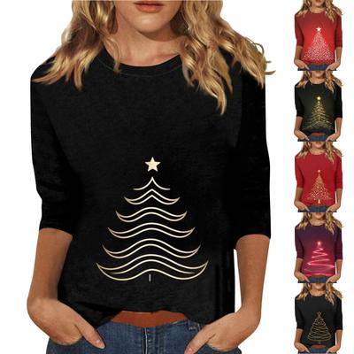 Damen-Oberteil mit Rundhalsausschnitt, 3/4-Ärmeln und Weihnachts-Print