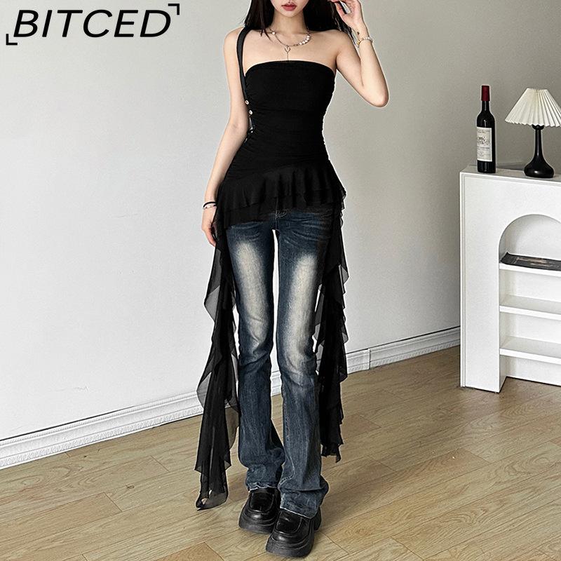 BITCED Spring Women's Solid-Colour Slim-Fit Streetwear Off-the-Shoulder Sleeveless Pleated Top