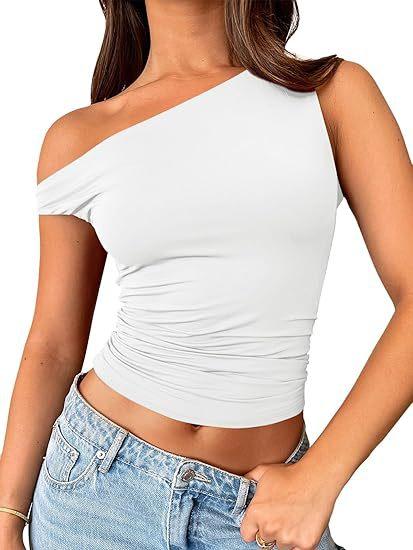 Women's Asymmetric Neck Sleeveless Crop Top Slim Fit Streetwear Ruched Camisole Tank Top