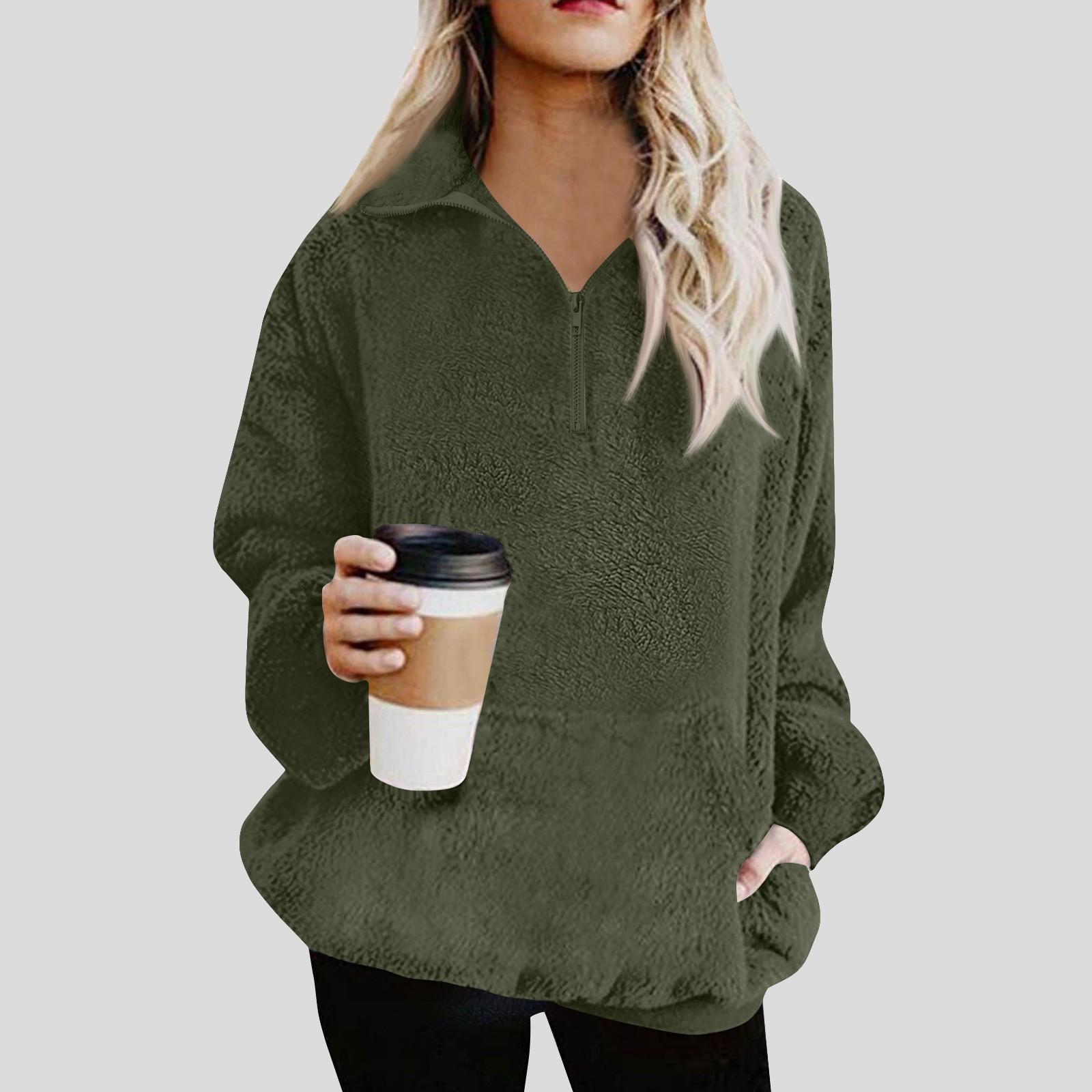 

Женская плюшевая толстовка повседневная с длинным рукавом карман на молнии толстый пуловер толстовка зима L армия зеленый