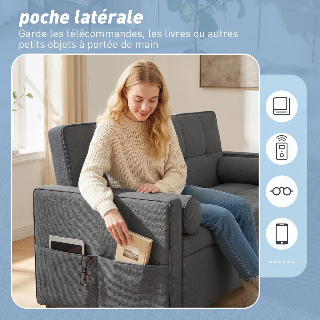Convertible Sofa Bed, 2-Seater 3-in-1, Pull-Out Bed, 2 Cushions, 80.5 x 137.5 x 84 cm, Grey