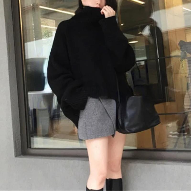 Suéter de Cuello Alto para Mujer Otoño Invierno Moda Coreana Holgado Top de Manga Larga Negro Color Sólido Simple Casual Pulóveres para Mujer