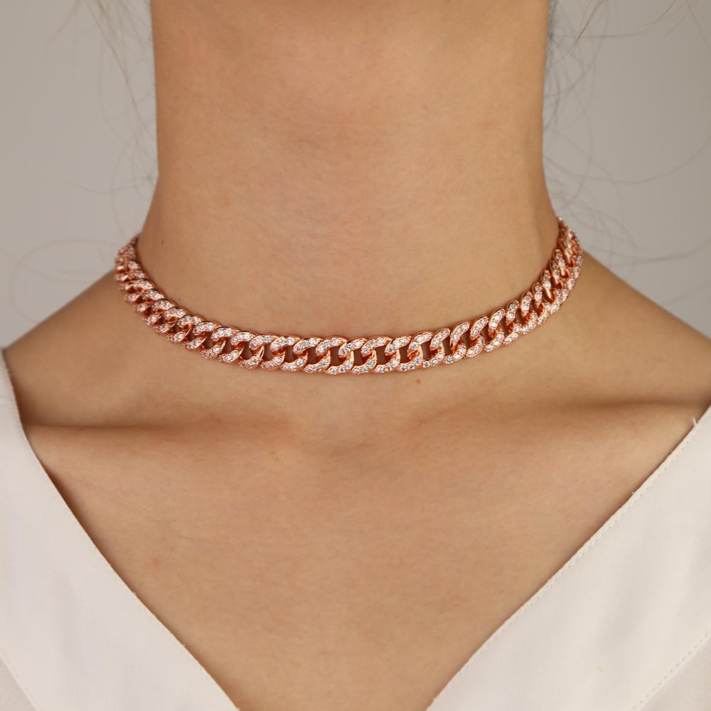 Promotion Rose Gold Plated Charm Women Jewelry Iced Out Cz Bling Cuban Link Chain Necklace