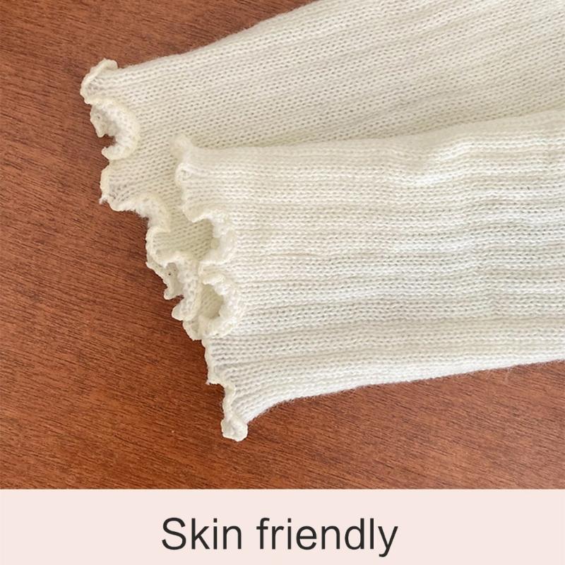 Women Sweet Bowknot Arm Leg Sleeves Ruffled Trim Sun Protective Ribbed Knit Arm Leg Covers Fingerless Gloves Accessories