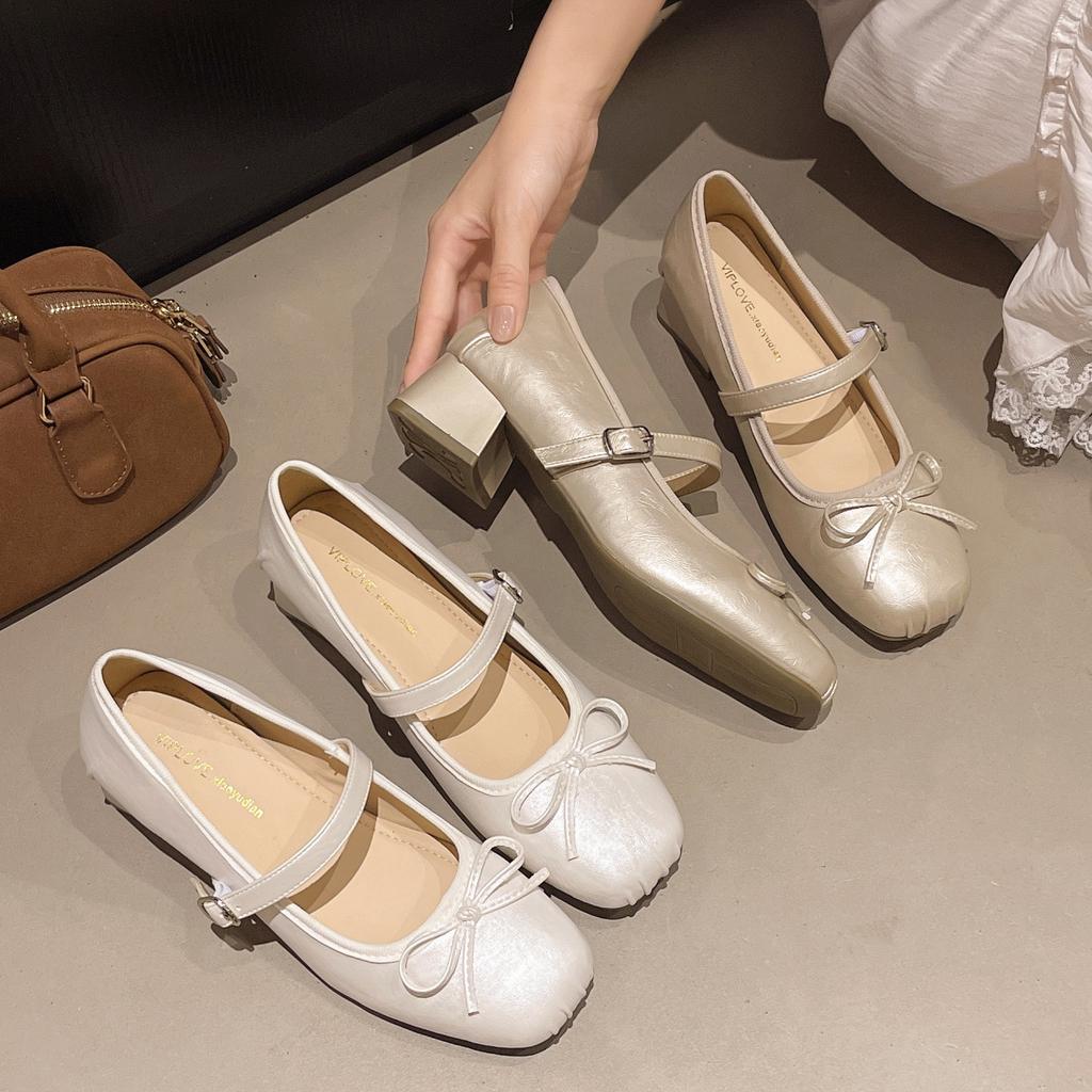 French Fairy Style Red Square Head Mary Jane Shoes Girl Spring 2025 New Bow Flat Ballet Shoes