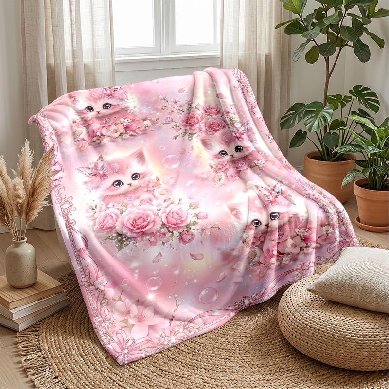 Pink Heart with Kitten and Flowers Theme blanket Lightweight Warm Flannel Blanket Decorative Throw Blanket for Home Decoration
