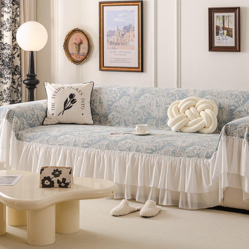 1pcs French Irregular Printed Sofa Cushion Chiffon Skirt Edge Sofa Blanket Anti Slip and Cat Scratch Resistant Bench Cloth Machine Washable Non-deform