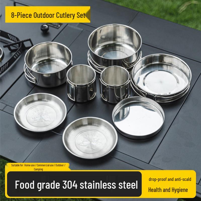 8-Piece Portable Stainless Steel Camping Tableware Set: Foldable Cups, Bowls, and Plates for Outdoor Picnic and BBQ Adventures
