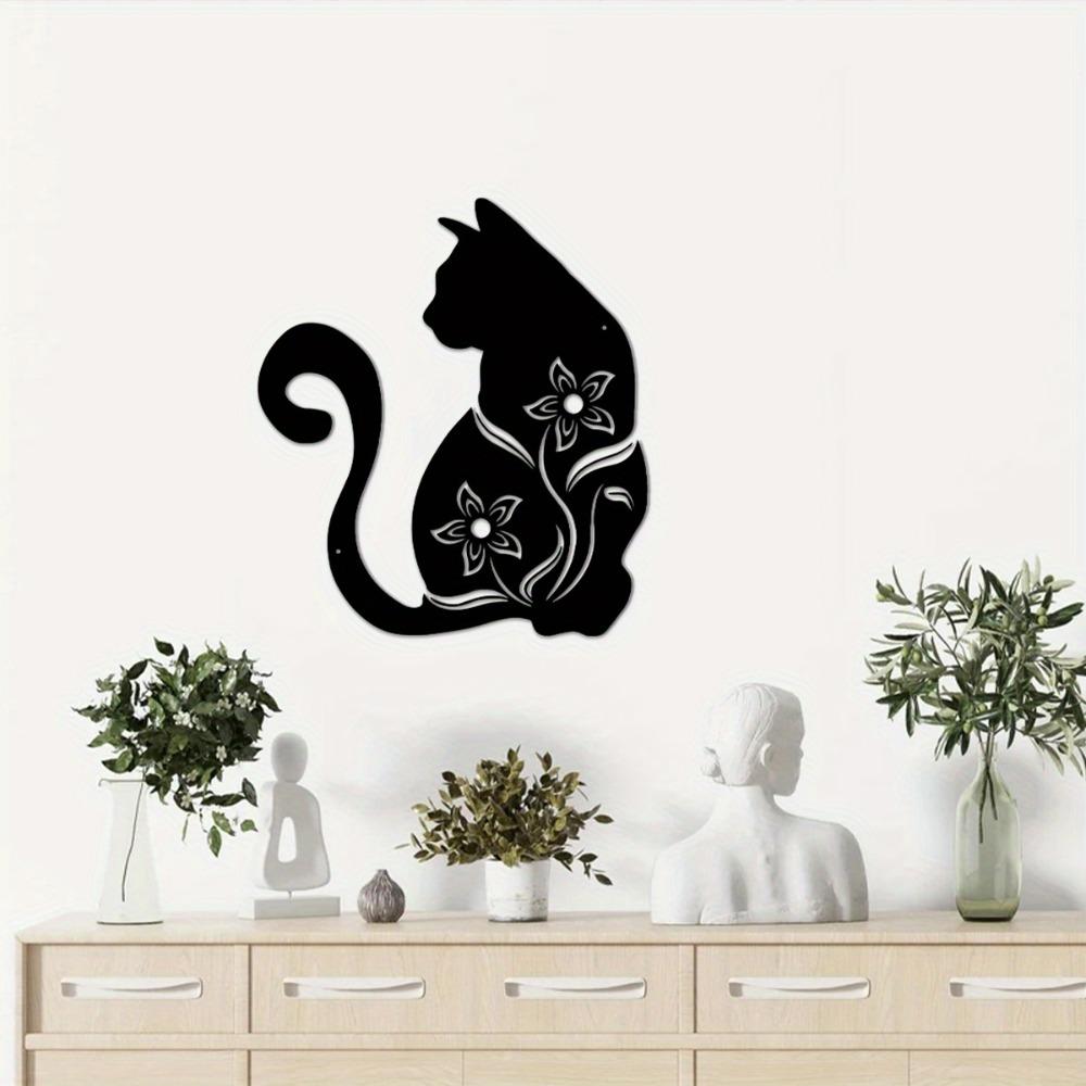 1pc Black Cat Metal Wall Art Floral Accents Home Decor 15.74 Inch for Living Room Bedroom Kitchen Outdoor Cat Decoration