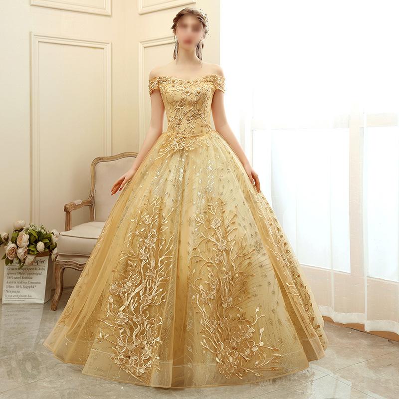 Golden evening dress women's 1011 new atmospheric stage performance tutu skirt long host company annual meeting dress