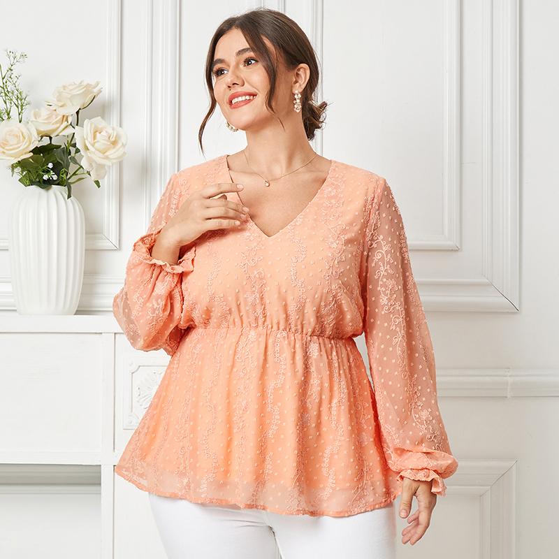 

Плюс размер Женская блузка с длинным рукавом и цветочным принтом, связанная крючком