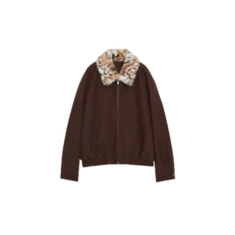 Vintage Leopard Print Wool Blend Jacket Women Loose Fit Drop Shoulder Short Bomber Coat