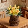 Dollhouse Bonsai 1:12 Scale Miniature Hand-Kneaded Yellow Floral Arrangement with Lifelike Petals Leaf Veins Simulated Woven Flower Utensils