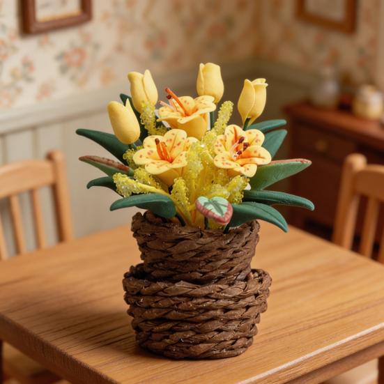 Dollhouse Bonsai 1:12 Scale Miniature Hand-Kneaded Yellow Floral Arrangement with Lifelike Petals Leaf Veins Simulated Woven Flower Utensils