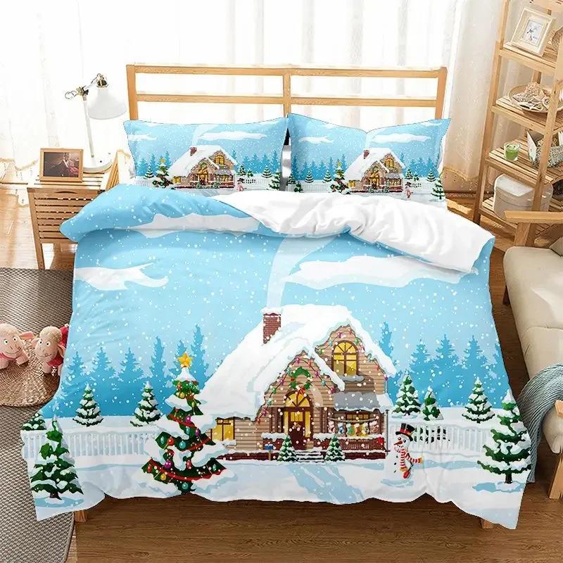 Comforter Christmas Snowflake Full Size Bedding Set Print Colorful Merry Christmas Gift Tree Microfiber Fabric 2/3Pcs Kids