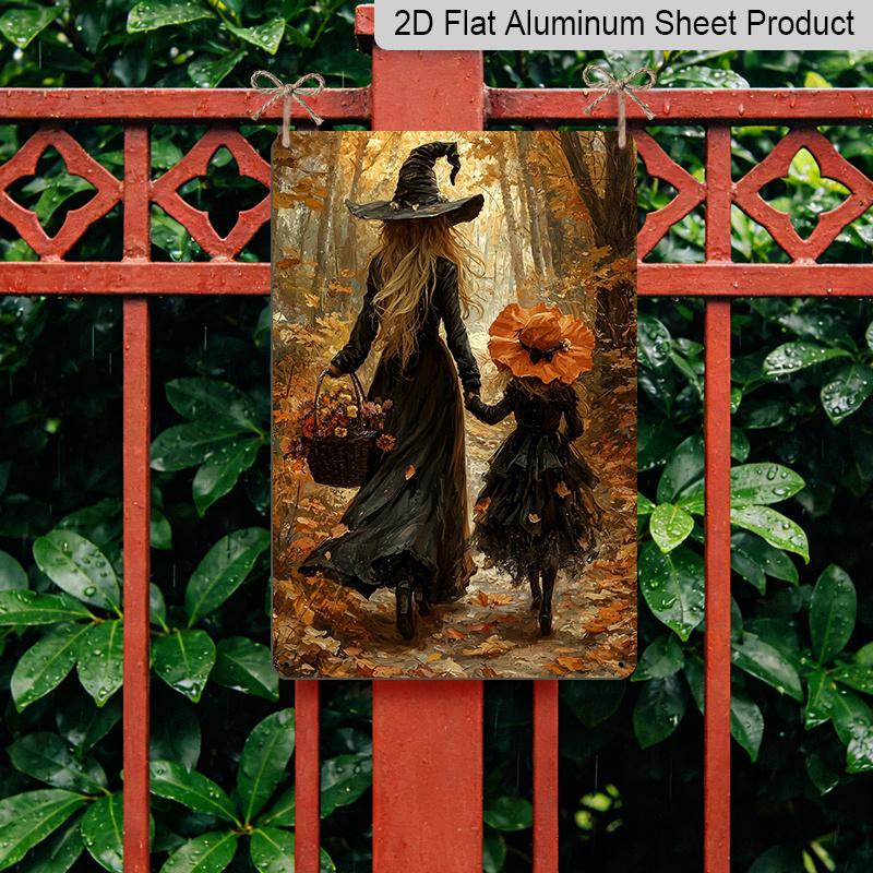 2D Flat Autumn Forest Mother and Little Witch Holding Hands Vintage Metal Sign‑8.0x12.0inch Aluminum Wall Art, Fall Halloween Farmhouse Porch Decor