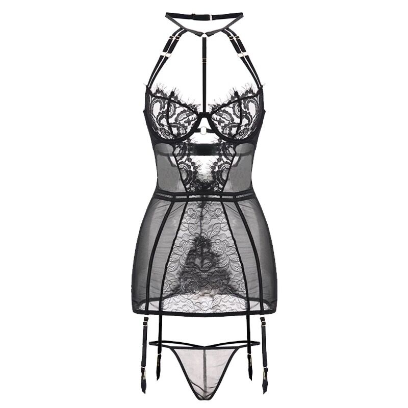 New Lace Mesh Sling Nightdress Black Corset Bustiers Sexy Pajamas Female Shaper Underwire Dress Lingerie Cross Backless Uniform