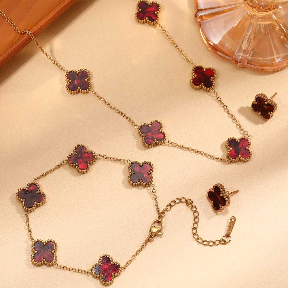 

3 шт. титановая сталь не выцветает двухсторонний клевер набор ожерелье женская мода темперамент ключица цепочка браслет комплект серег