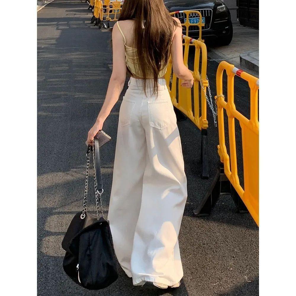 Women's High Waist White Wide Leg Jeans Loose Straight Denim Trousers Elegant Commuter Drapey Floor Length Pants