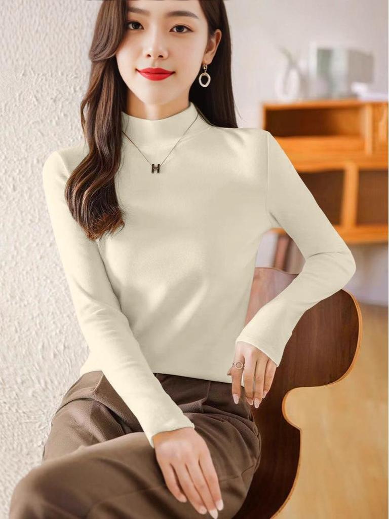 Women's Plus Velvet Half-High Collar Long-Sleeve Fleece Base Layer Top - Autumn/Winter
