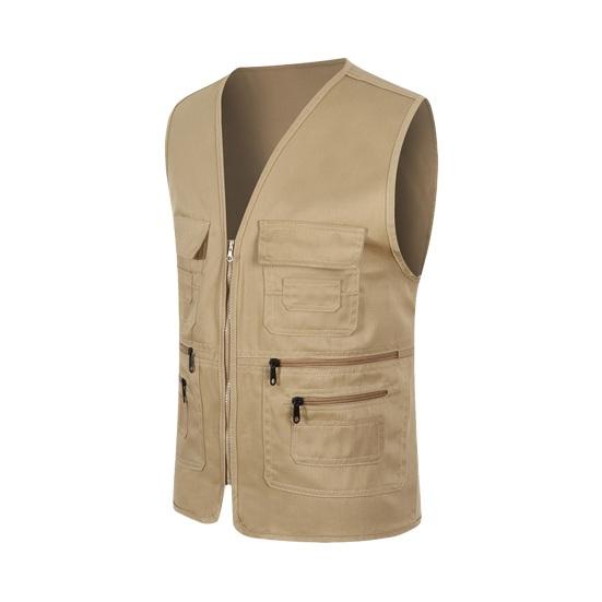 Chaleco de carga de verano para hombre, chaleco deportivo con cuello en V sin mangas y múltiples bolsillos, solapa con cremallera de Color sólido, chaleco de seguridad voluntario