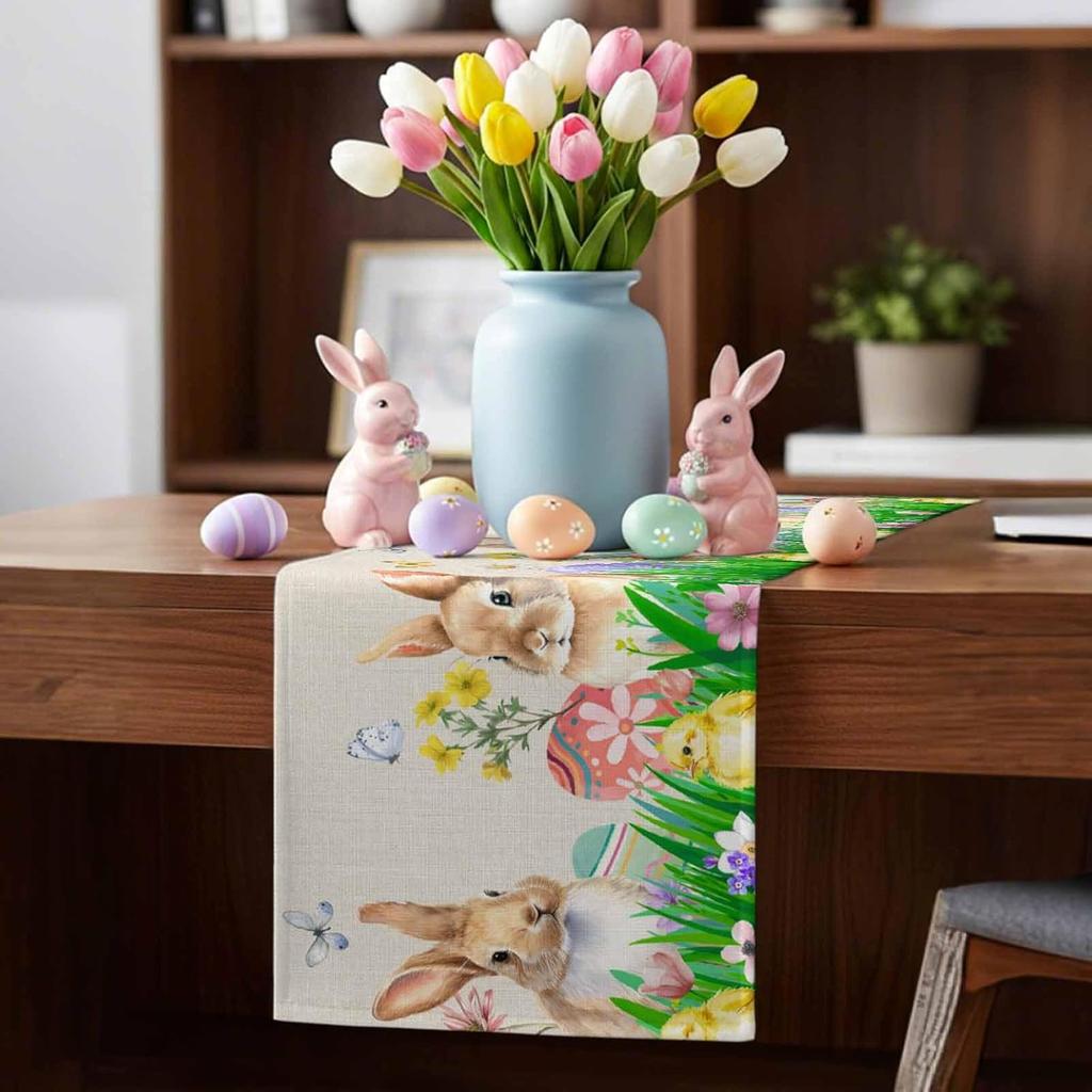 Easter Bunny Eggs Floral Grass Linen Table Runner Party Decor Spring Colorful Flowers Butterfly Table Runners Easter Decorations