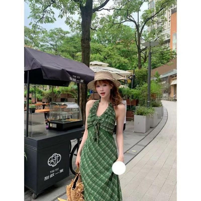 Elegant Vintage Green Plaid Midi Dress Women A-Line Wrap Neck Sleeveless Small
