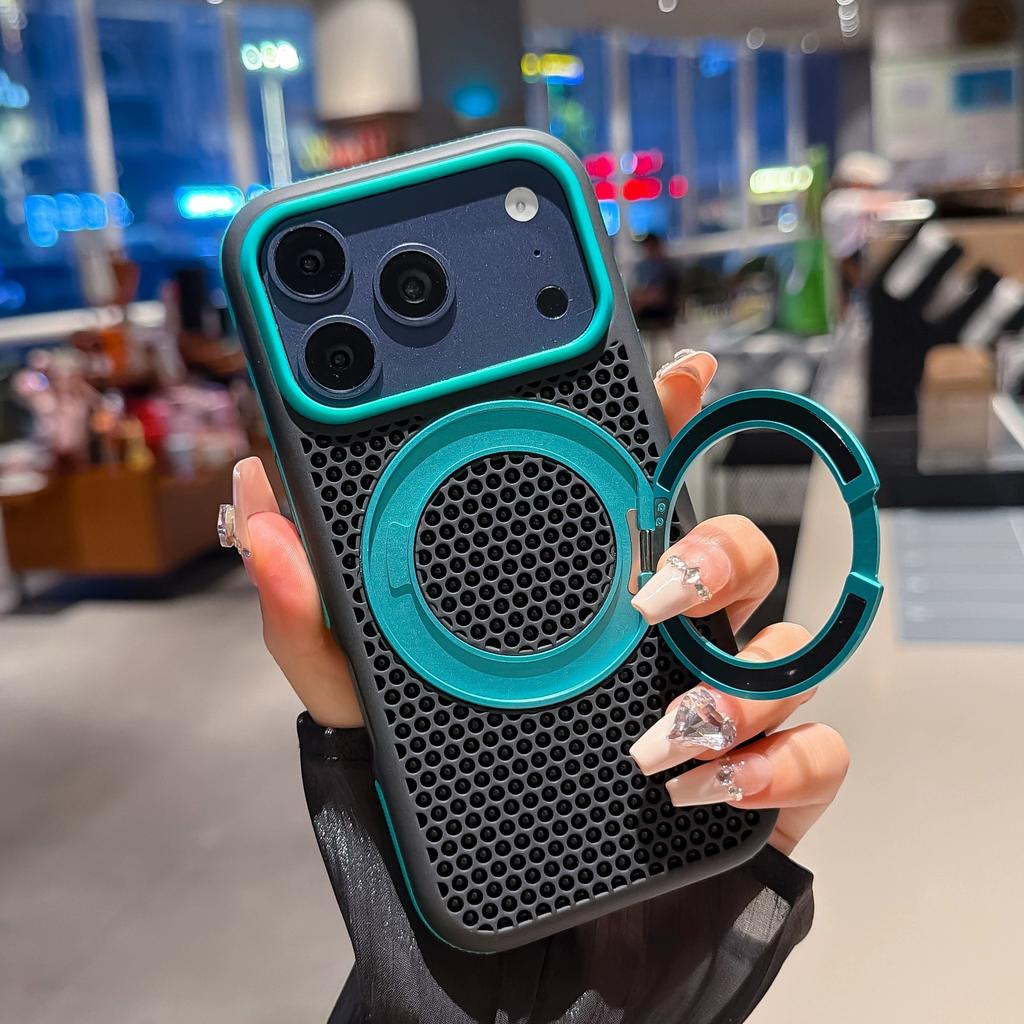 Honeycomb rotating magnetic suction bracket is suitable for iPhone18promax mesh cooling mobile phone case Apple 17 anti-drop PC.
