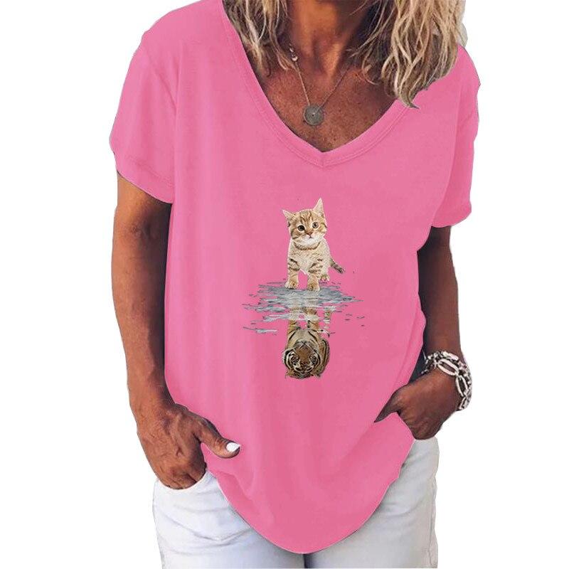 Fashion Spring  Kitten Print Blouses Short Sleeved V-Neck T Shirts Casual