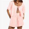 Summer Vintage Plaid Outfit Loose V Neck Puff Sleeve Front Tie-Up Blouse Top Shorts Women 2 Piece Set