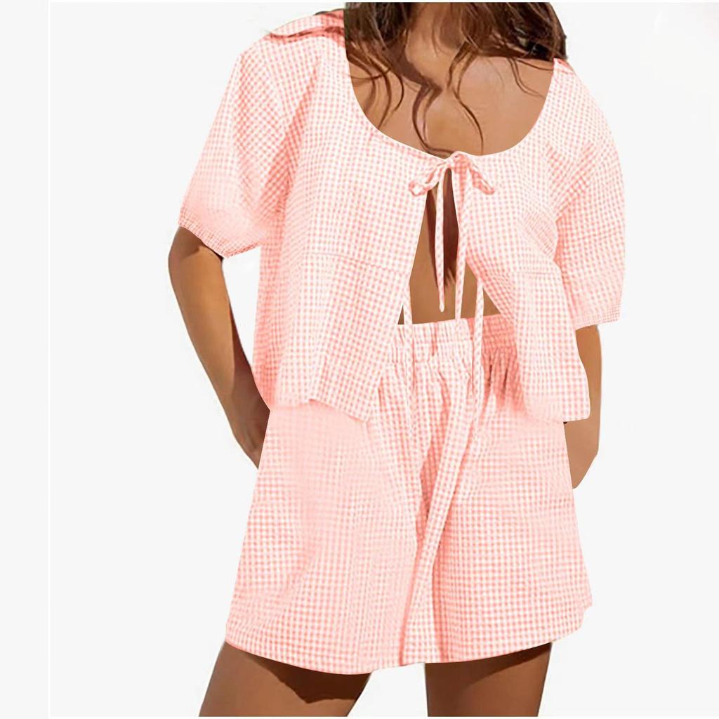 Summer Vintage Plaid Outfit Loose V Neck Puff Sleeve Front Tie-Up Blouse Top Shorts Women 2 Piece Set