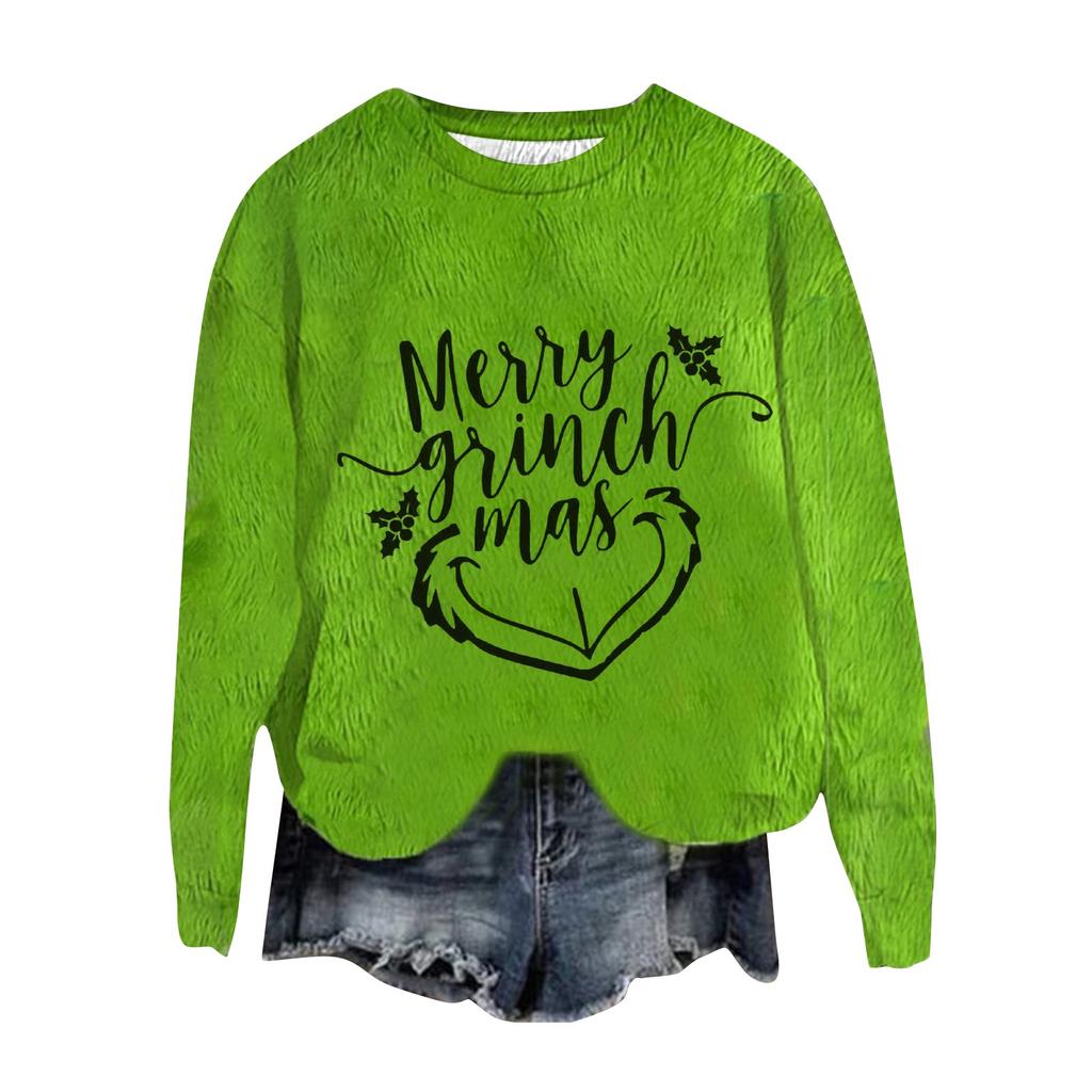 Women's Fashion Round Neck Pullover Long Sleeve Tee Christmas Printed Top