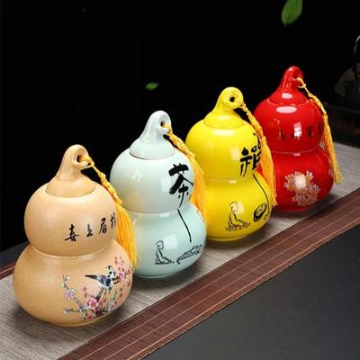 Gourd Shaped Double-layer Tea Caddy Ceramic Tea Storage Tank Non Woven Cover Sealed Tea Can Porcelain Ornaments Nut Storage Pot